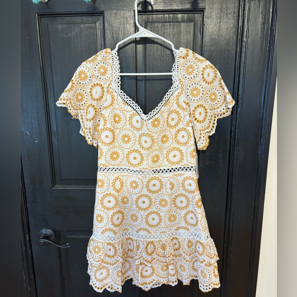 SAYLOR White & Tan Crochet Lace Mini Dress - Picture 3 of 3